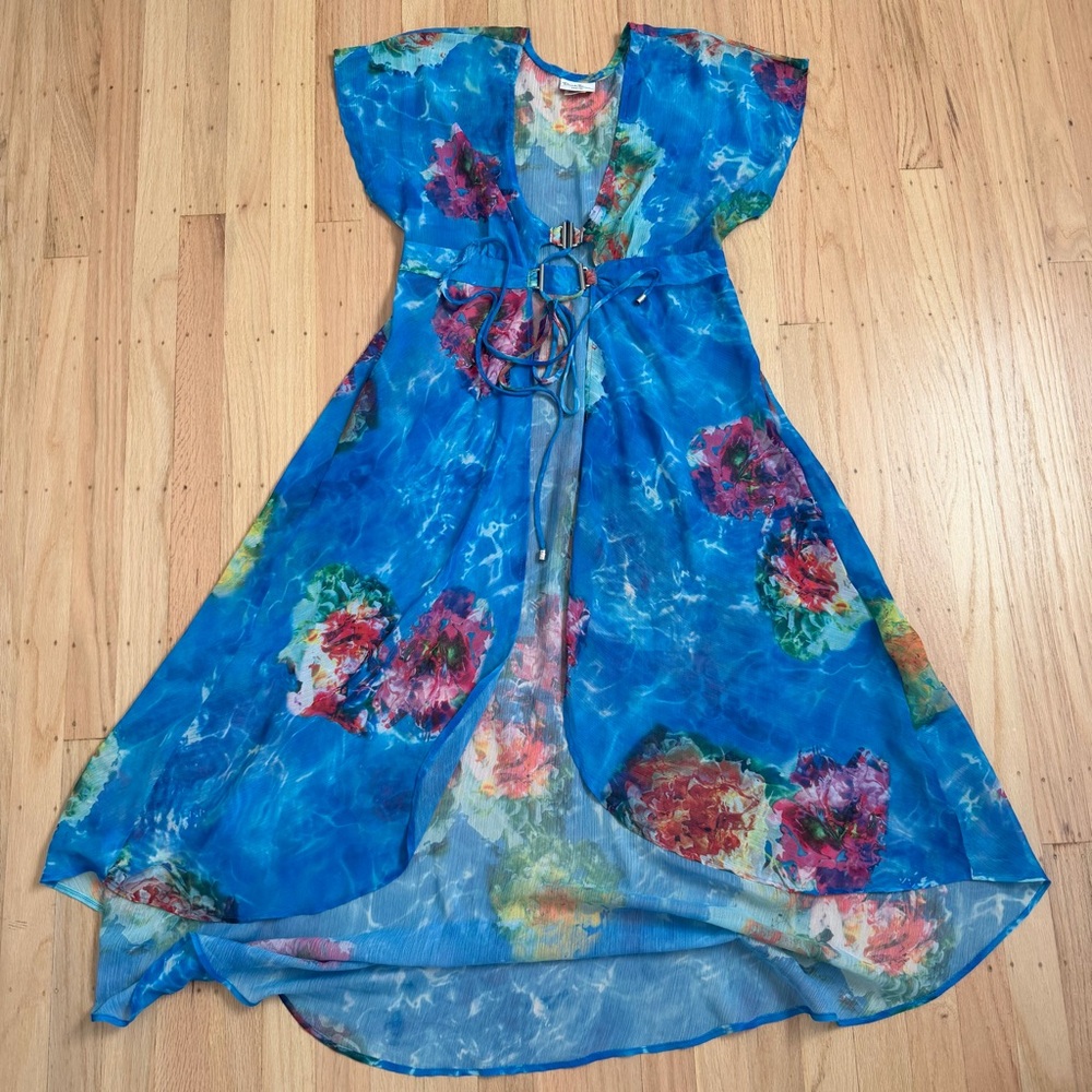 Beach Bunny Floral Sheer Swim Cover Up Dress Size XS S Blue Lace Up Swimwear